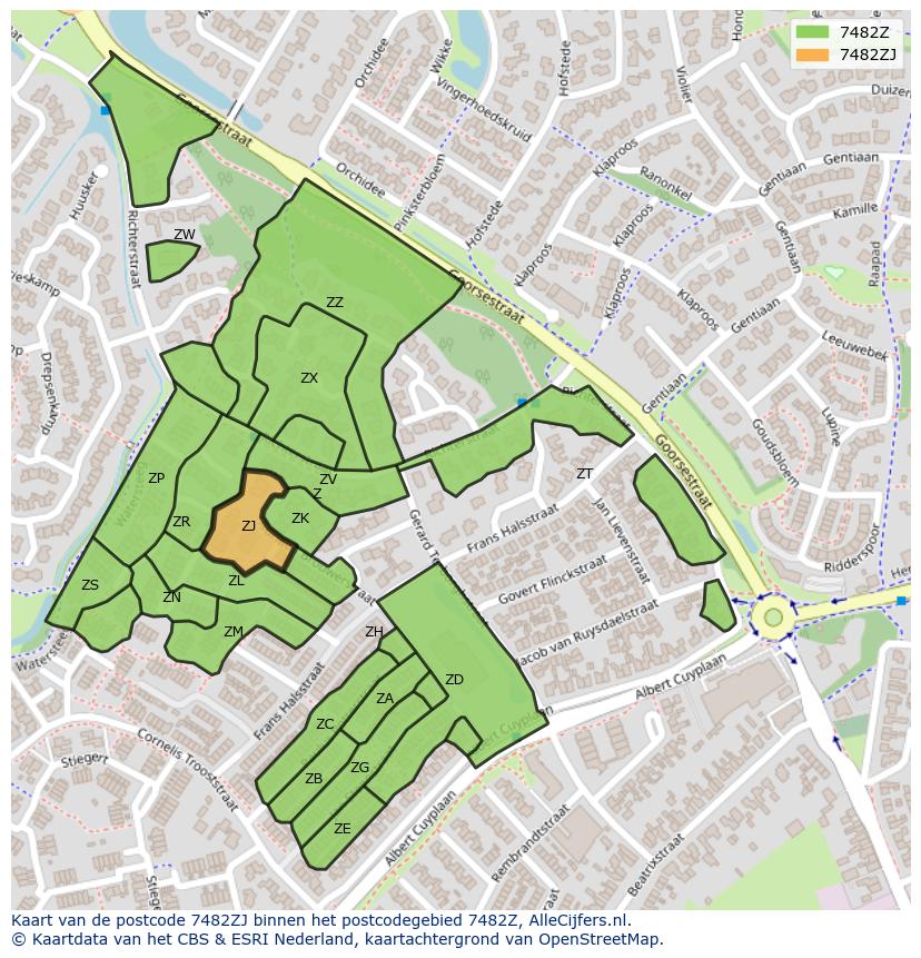 Afbeelding van het postcodegebied 7482 ZJ op de kaart.