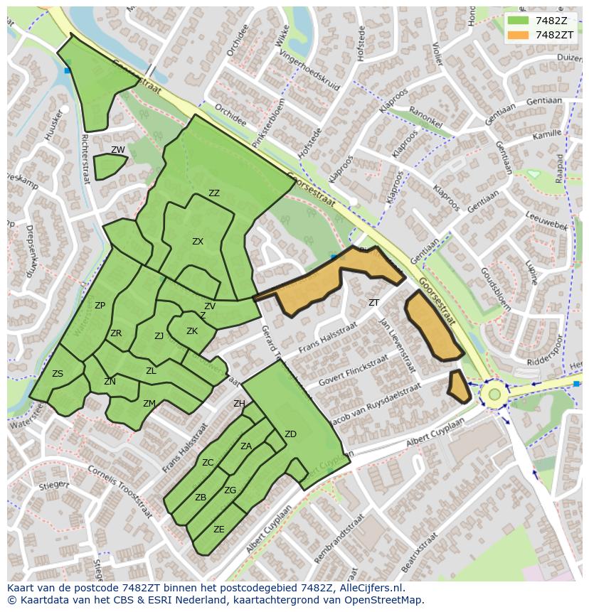 Afbeelding van het postcodegebied 7482 ZT op de kaart.