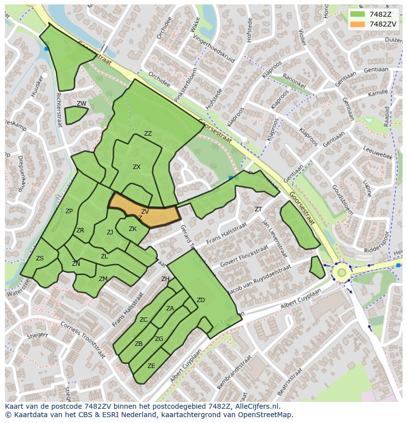 Afbeelding van het postcodegebied 7482 ZV op de kaart.