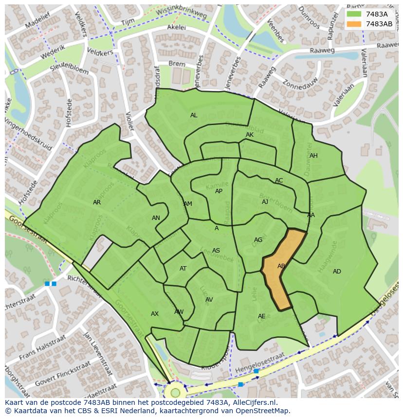 Afbeelding van het postcodegebied 7483 AB op de kaart.