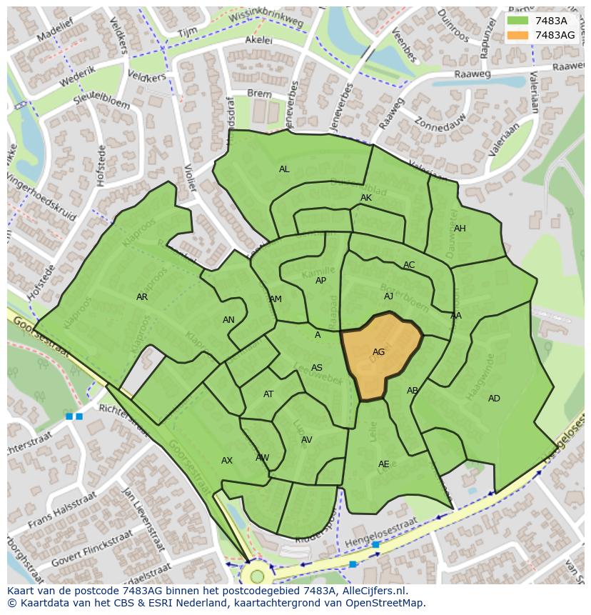 Afbeelding van het postcodegebied 7483 AG op de kaart.