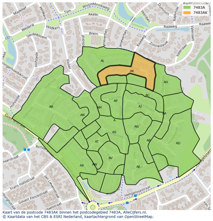 Afbeelding van het postcodegebied 7483 AK op de kaart.