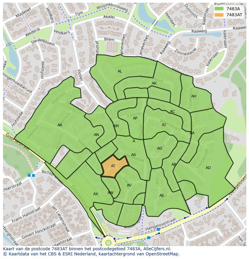Afbeelding van het postcodegebied 7483 AT op de kaart.