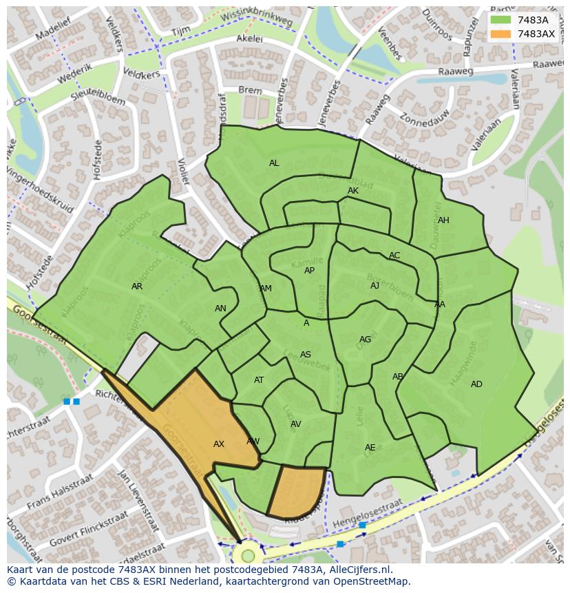 Afbeelding van het postcodegebied 7483 AX op de kaart.