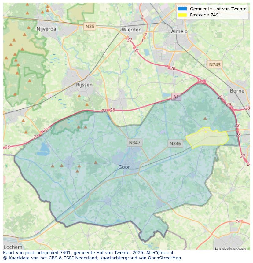 Afbeelding van het postcodegebied 7491 op de kaart.