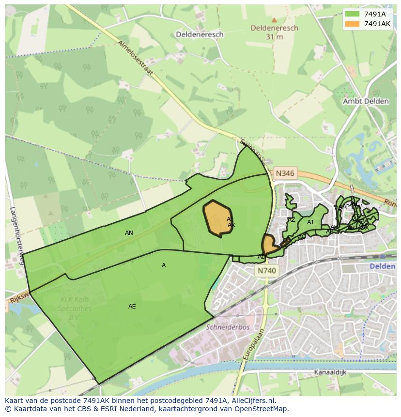 Afbeelding van het postcodegebied 7491 AK op de kaart.
