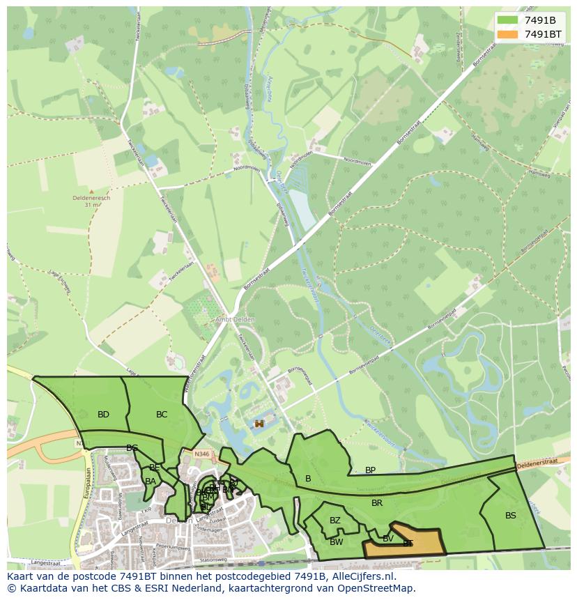 Afbeelding van het postcodegebied 7491 BT op de kaart.