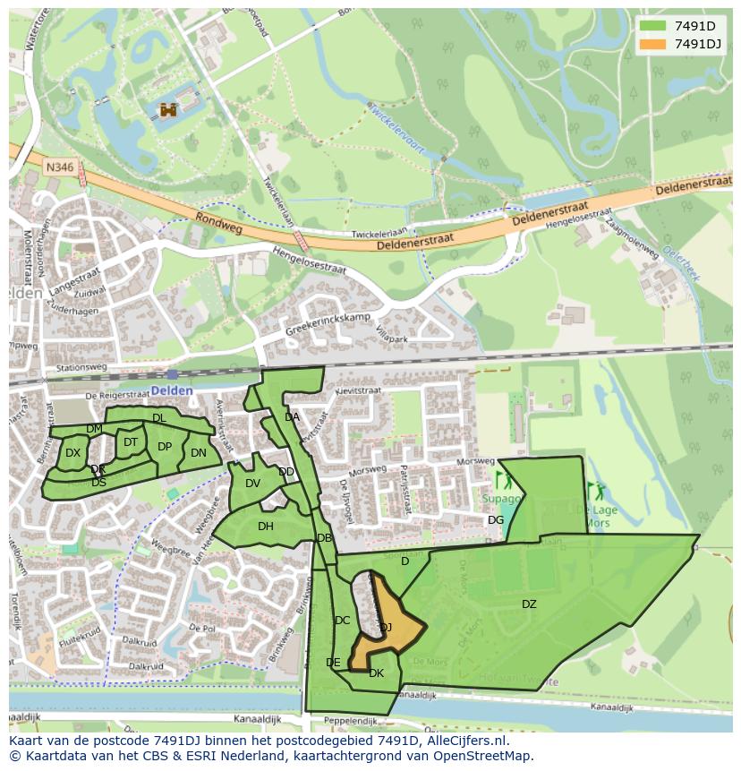Afbeelding van het postcodegebied 7491 DJ op de kaart.