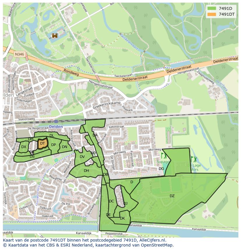 Afbeelding van het postcodegebied 7491 DT op de kaart.