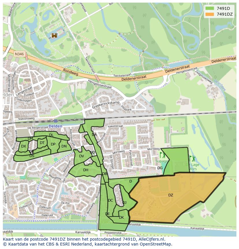 Afbeelding van het postcodegebied 7491 DZ op de kaart.