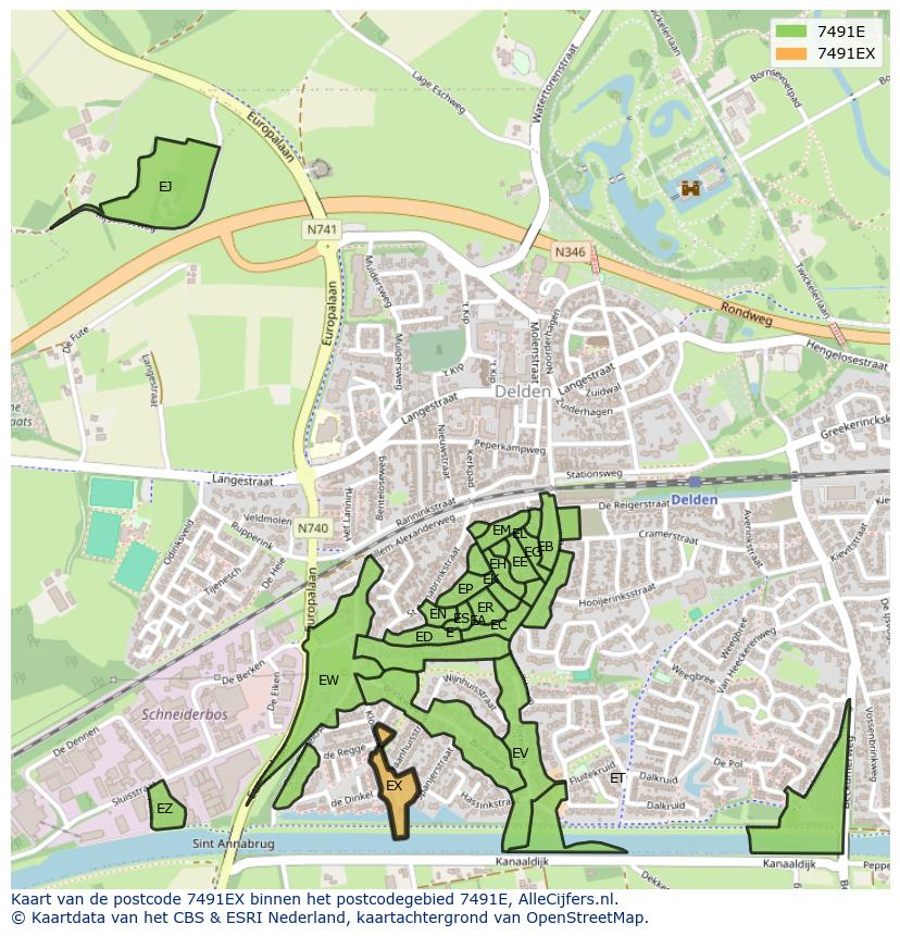 Afbeelding van het postcodegebied 7491 EX op de kaart.
