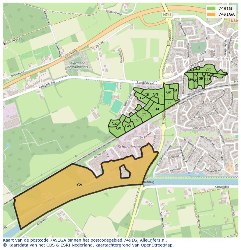 Afbeelding van het postcodegebied 7491 GA op de kaart.