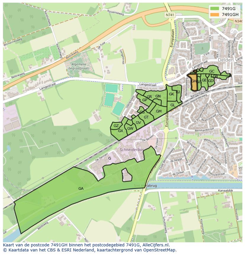 Afbeelding van het postcodegebied 7491 GH op de kaart.