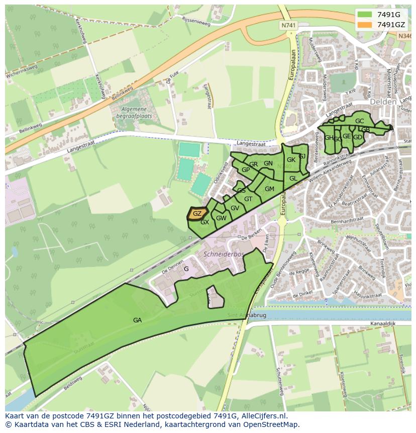 Afbeelding van het postcodegebied 7491 GZ op de kaart.