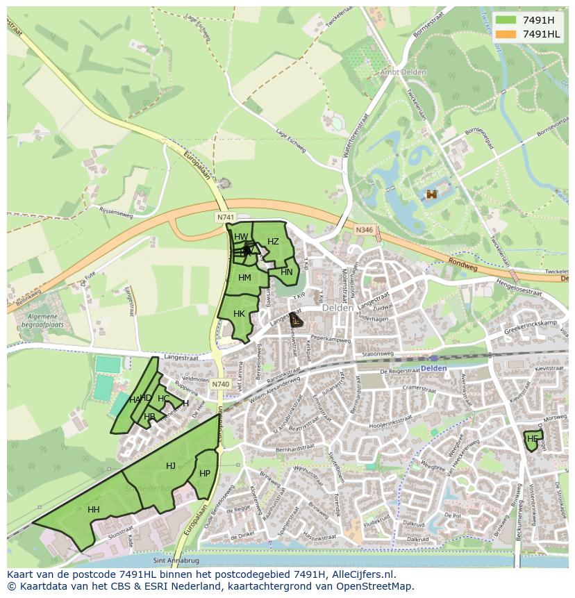 Afbeelding van het postcodegebied 7491 HL op de kaart.