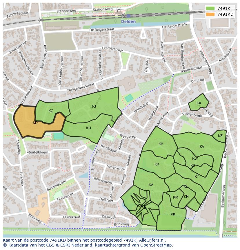 Afbeelding van het postcodegebied 7491 KD op de kaart.