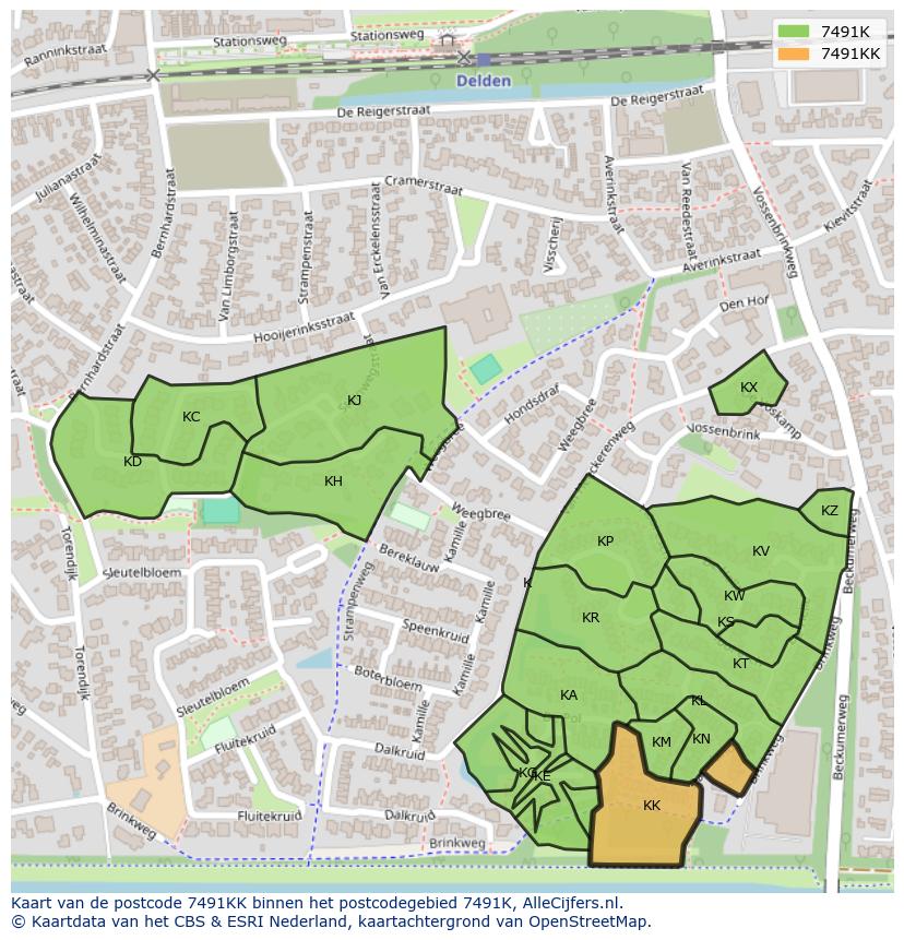 Afbeelding van het postcodegebied 7491 KK op de kaart.