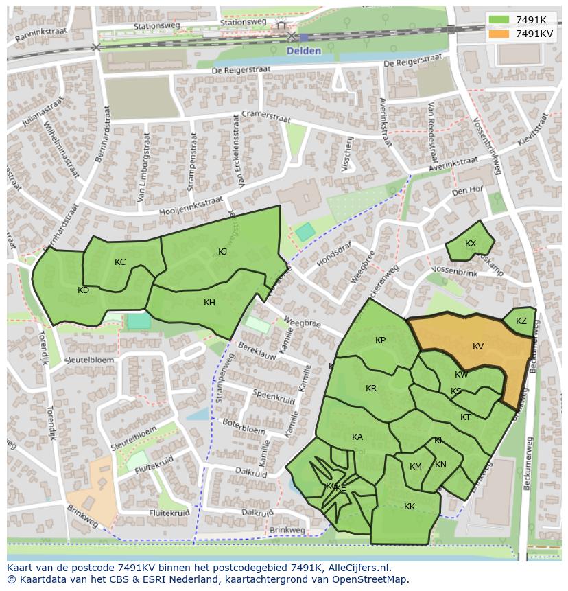 Afbeelding van het postcodegebied 7491 KV op de kaart.
