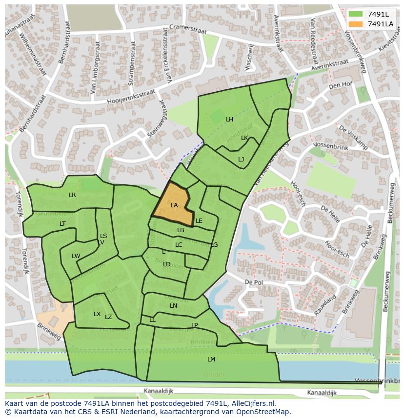 Afbeelding van het postcodegebied 7491 LA op de kaart.