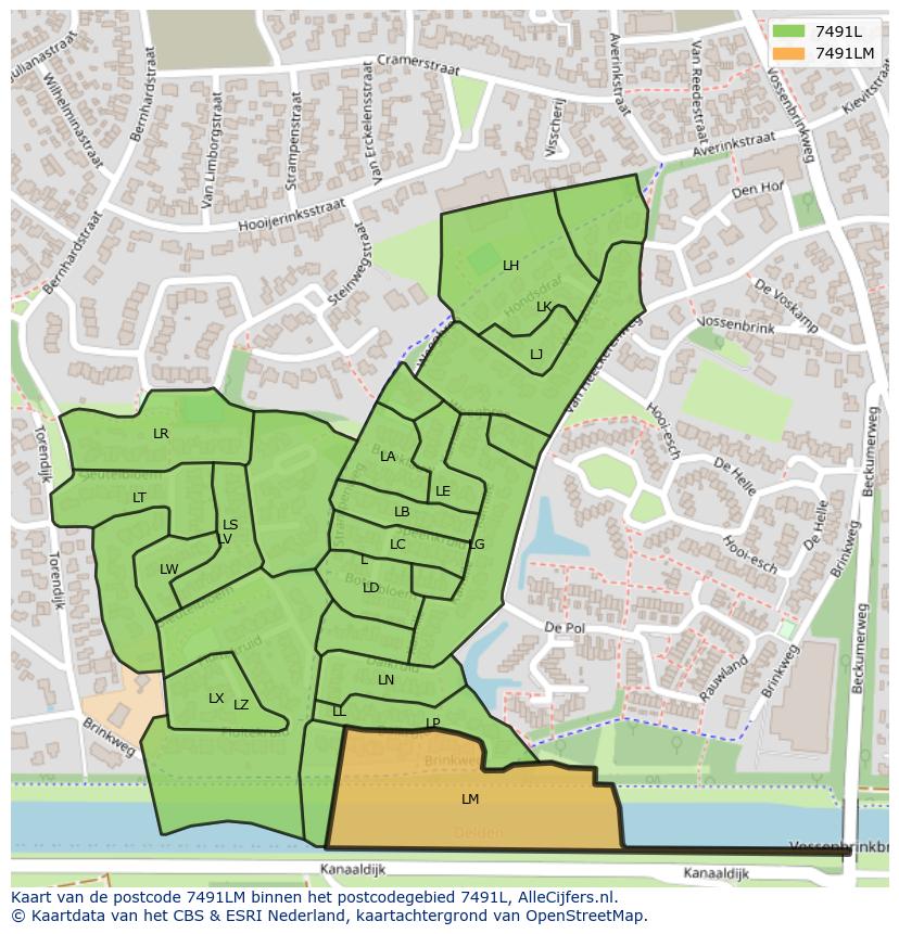 Afbeelding van het postcodegebied 7491 LM op de kaart.