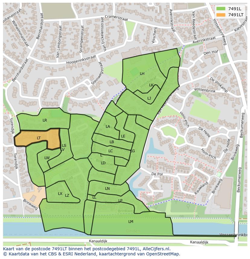 Afbeelding van het postcodegebied 7491 LT op de kaart.