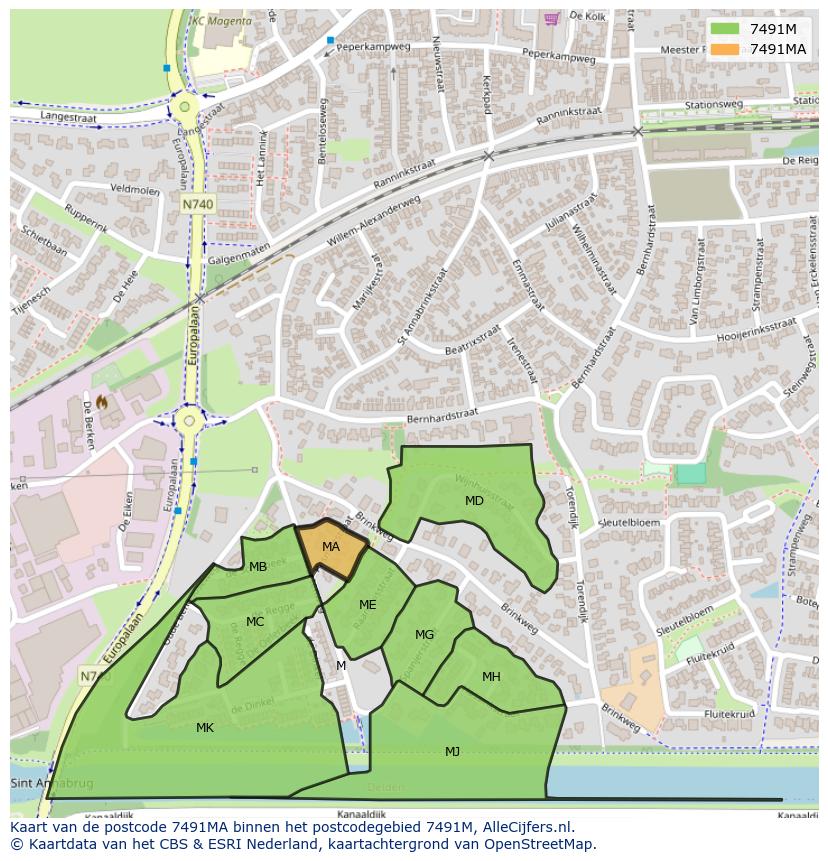 Afbeelding van het postcodegebied 7491 MA op de kaart.