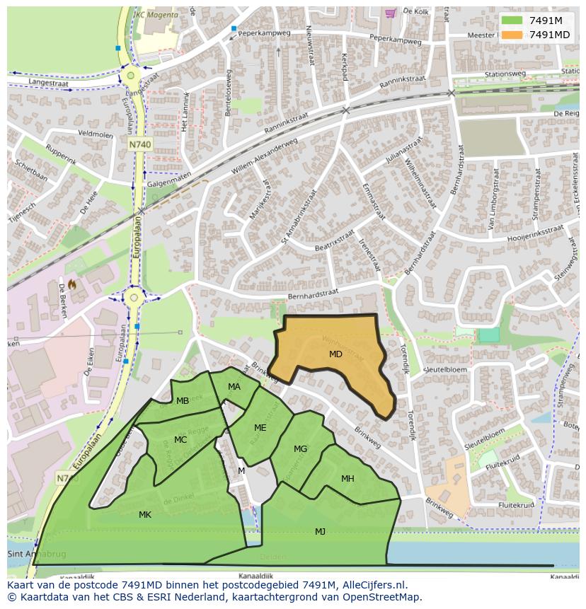 Afbeelding van het postcodegebied 7491 MD op de kaart.