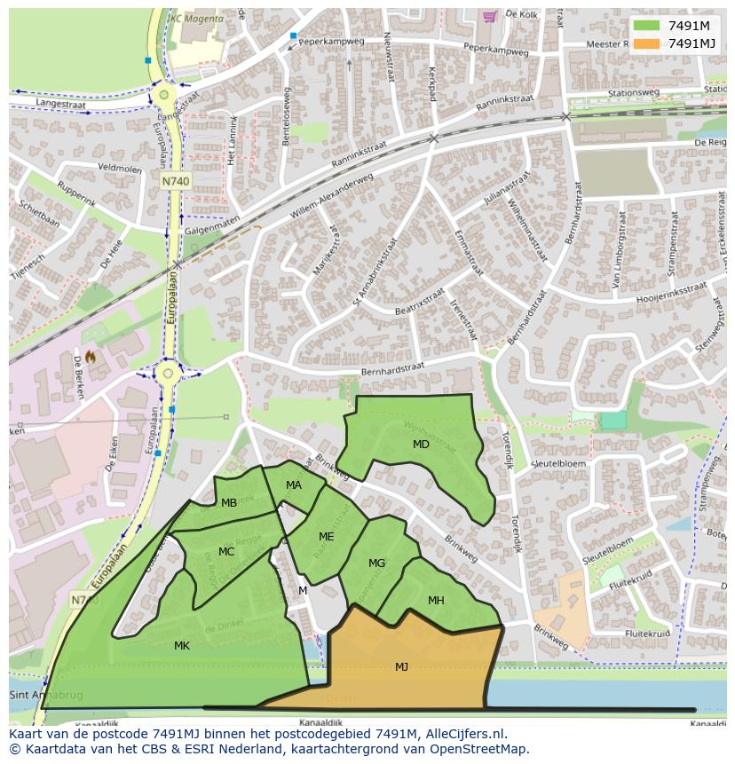 Afbeelding van het postcodegebied 7491 MJ op de kaart.