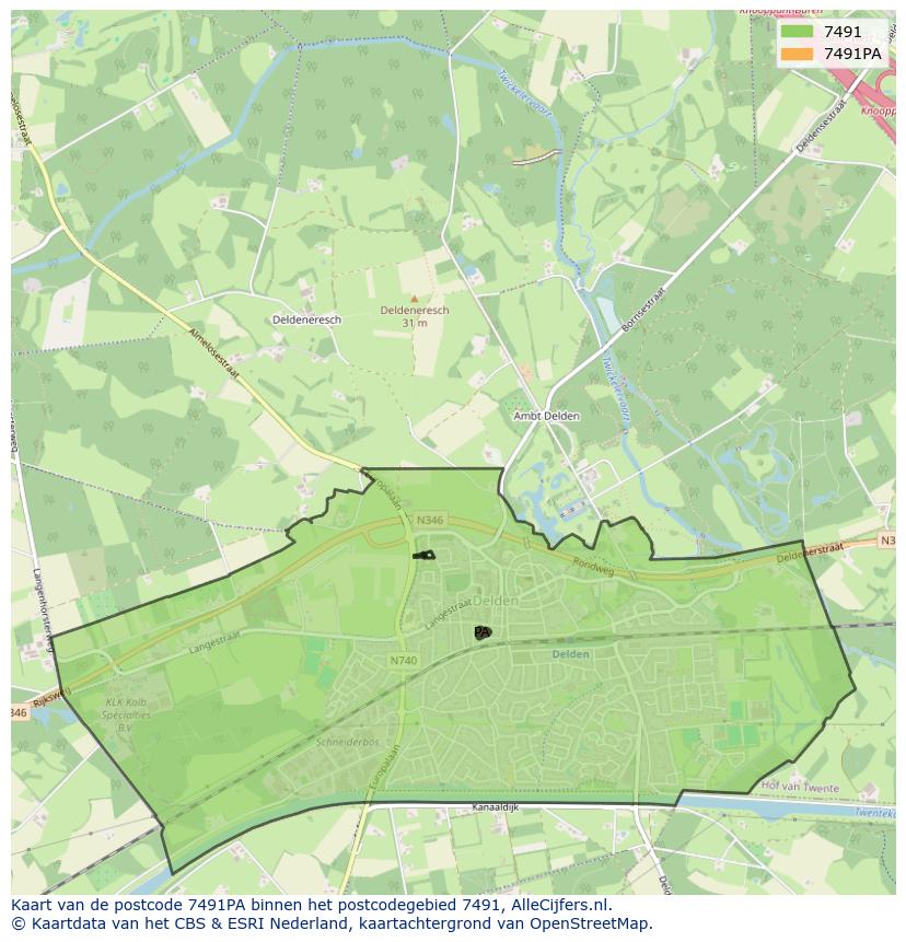 Afbeelding van het postcodegebied 7491 PA op de kaart.