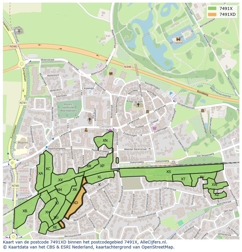 Afbeelding van het postcodegebied 7491 XD op de kaart.