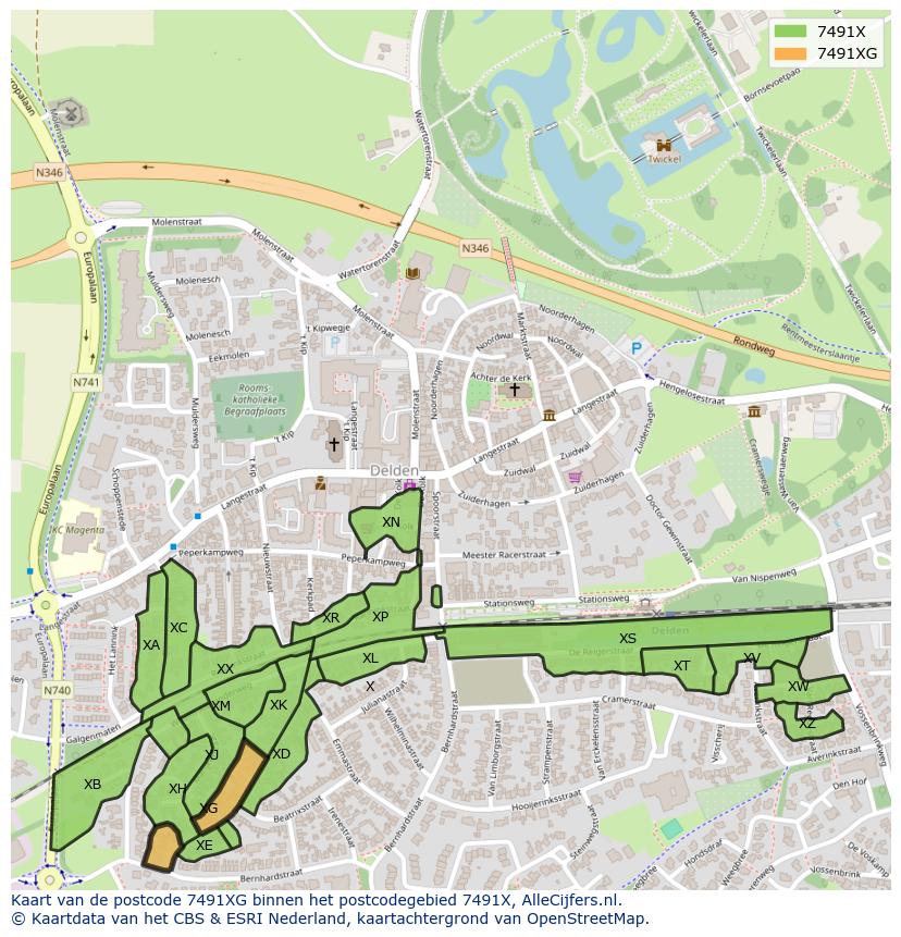 Afbeelding van het postcodegebied 7491 XG op de kaart.