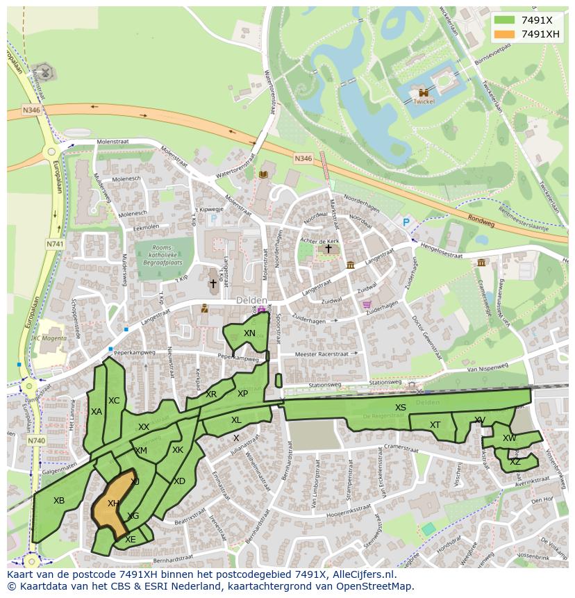 Afbeelding van het postcodegebied 7491 XH op de kaart.