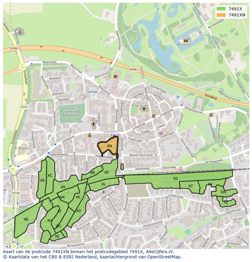 Afbeelding van het postcodegebied 7491 XN op de kaart.