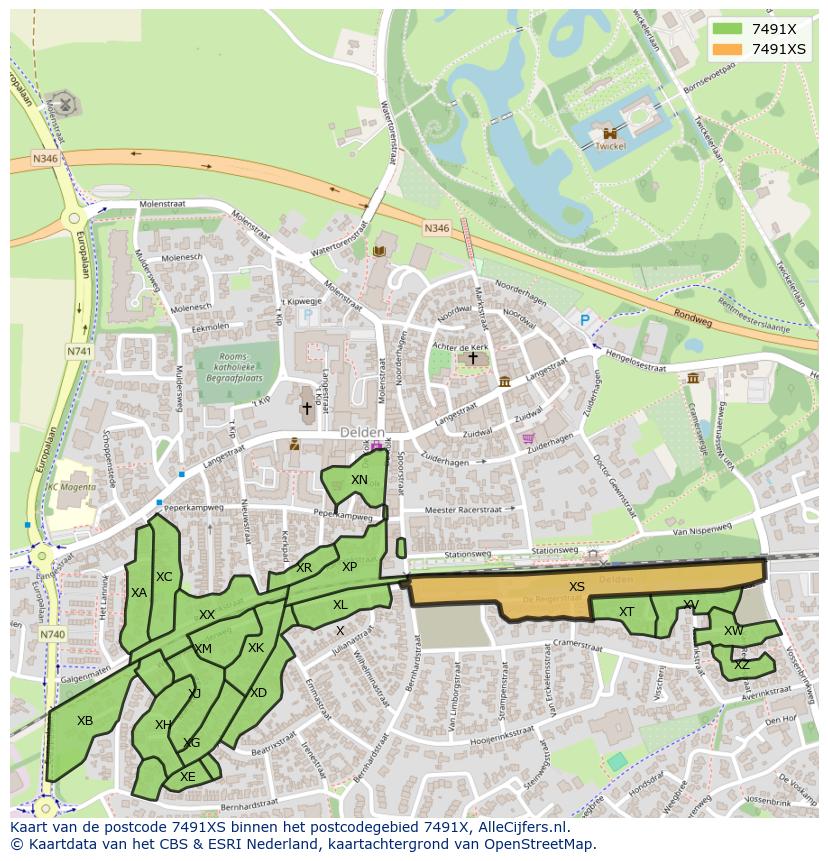 Afbeelding van het postcodegebied 7491 XS op de kaart.