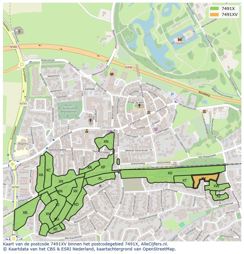 Afbeelding van het postcodegebied 7491 XV op de kaart.