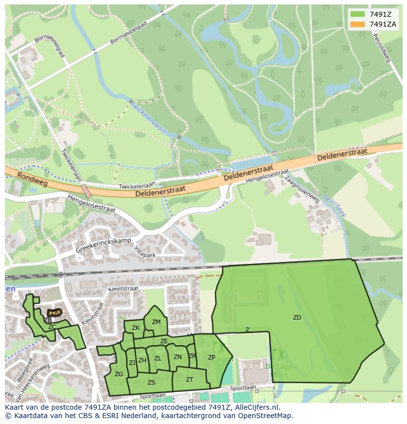 Afbeelding van het postcodegebied 7491 ZA op de kaart.