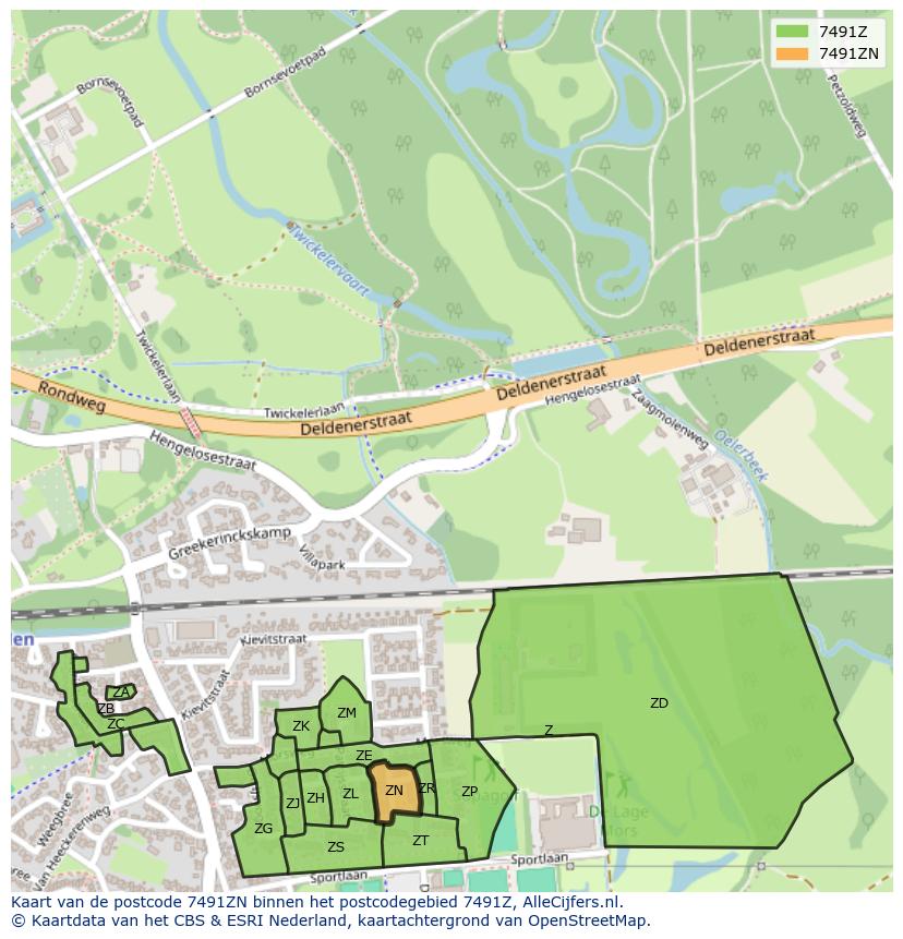 Afbeelding van het postcodegebied 7491 ZN op de kaart.