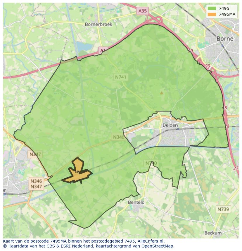 Afbeelding van het postcodegebied 7495 MA op de kaart.