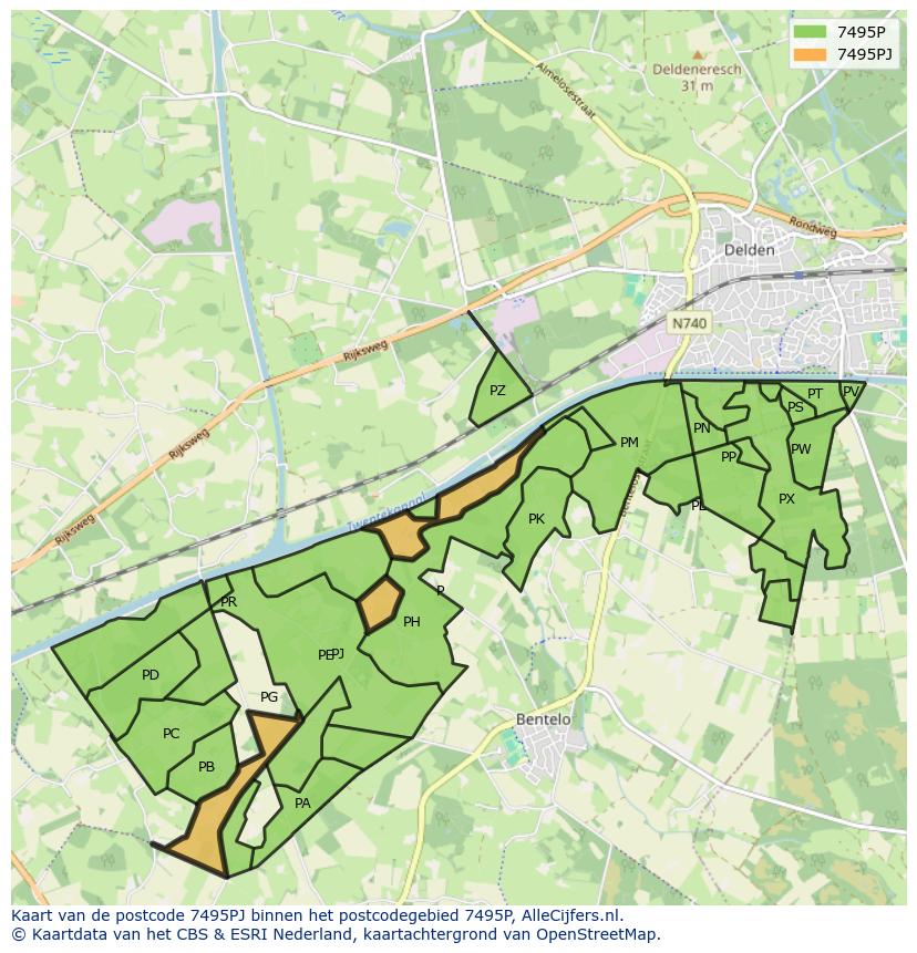 Afbeelding van het postcodegebied 7495 PJ op de kaart.