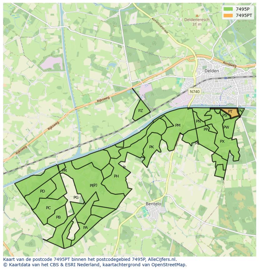 Afbeelding van het postcodegebied 7495 PT op de kaart.