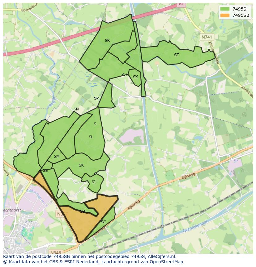Afbeelding van het postcodegebied 7495 SB op de kaart.