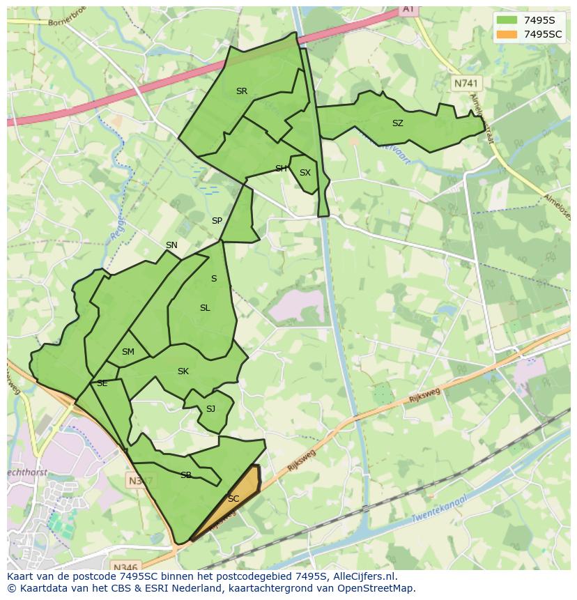 Afbeelding van het postcodegebied 7495 SC op de kaart.