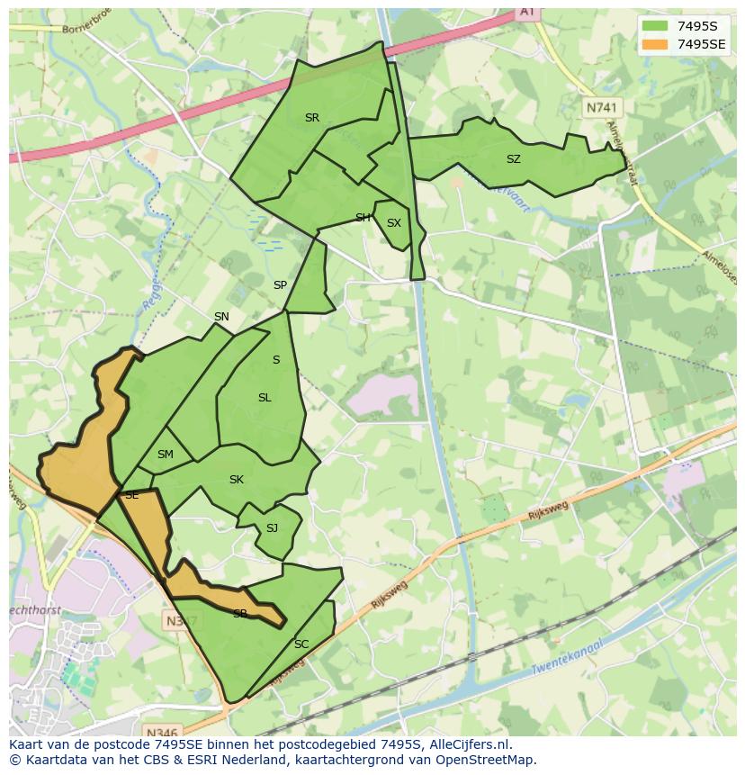 Afbeelding van het postcodegebied 7495 SE op de kaart.