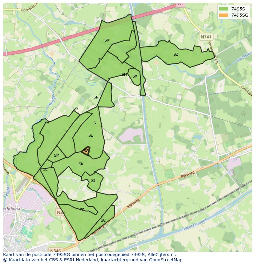 Afbeelding van het postcodegebied 7495 SG op de kaart.