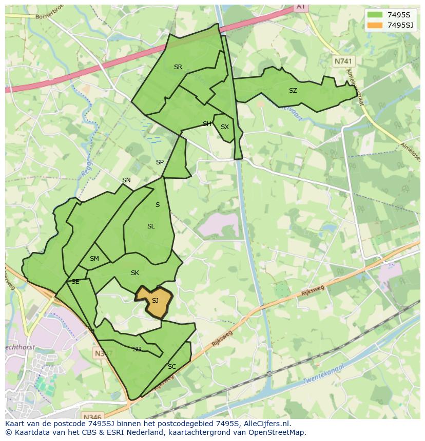 Afbeelding van het postcodegebied 7495 SJ op de kaart.