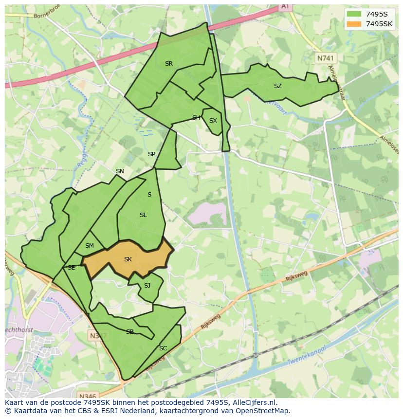 Afbeelding van het postcodegebied 7495 SK op de kaart.