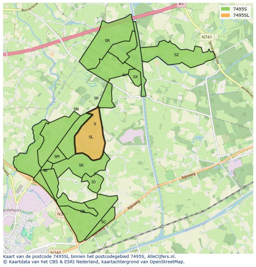 Afbeelding van het postcodegebied 7495 SL op de kaart.