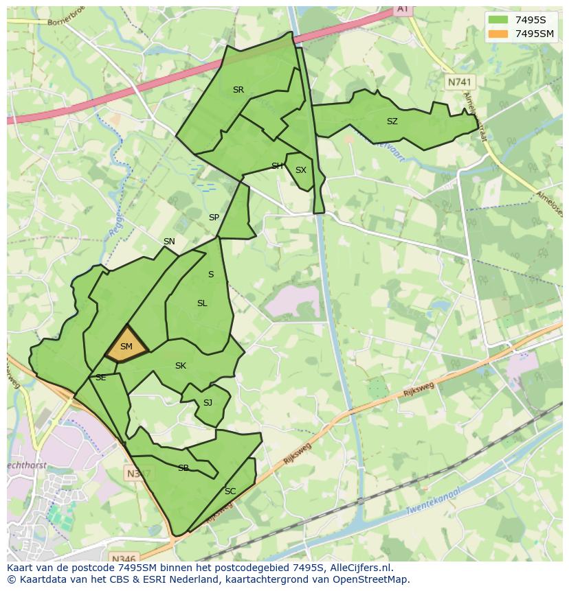 Afbeelding van het postcodegebied 7495 SM op de kaart.