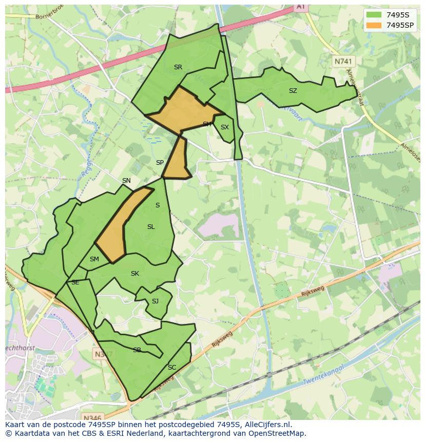 Afbeelding van het postcodegebied 7495 SP op de kaart.