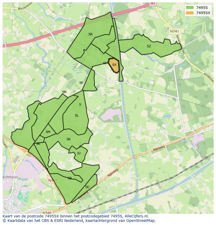 Afbeelding van het postcodegebied 7495 SX op de kaart.
